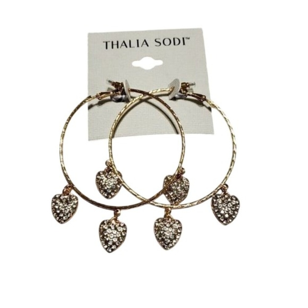 Thalia Sodi Gold Tone Textured‎ Hoop Earrings with Rhinestone Heart Charms NWT